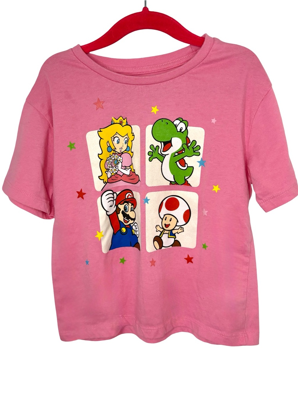 SUPER MARIO Pink Graphic Tee Princess Peach Yoshi Mario Toad Kids Size 6
